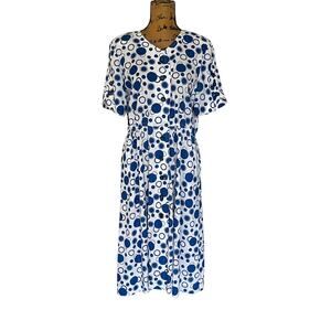 VTG 80s 90s White Blue Bubbles Short Sleeve A-Line Midi Button Dress Women M/L